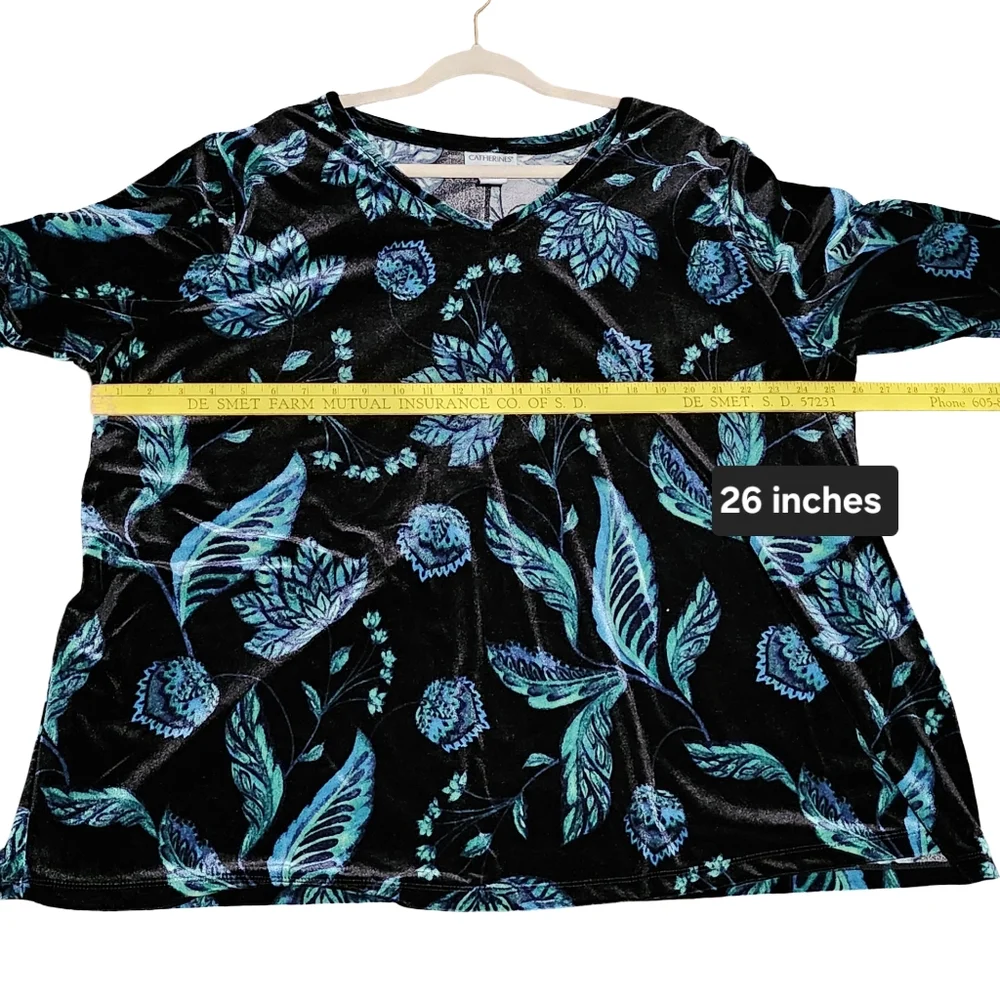 CATHERINES Velvet Tunic Top Womens Plus 3X Black Green Blue Dark Floral Fall - Picture 6 of 9